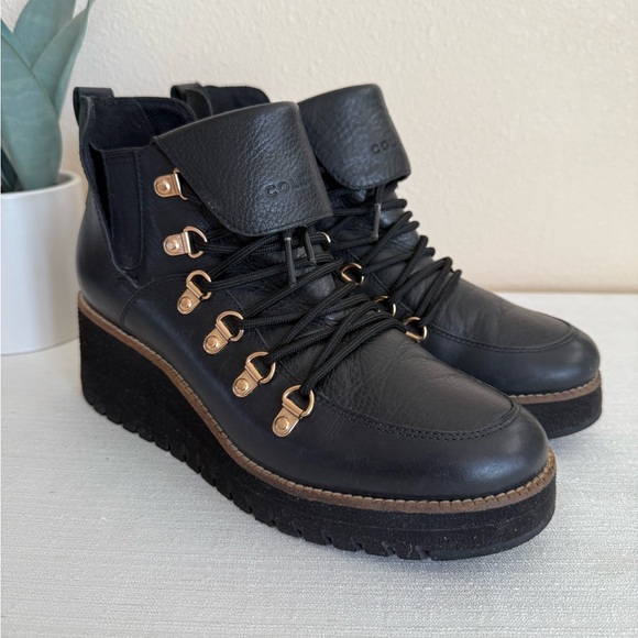 Cole Haan Shoes - Cole Haan Black Leather Lace Up Wedge Waterproof Ankle Boots